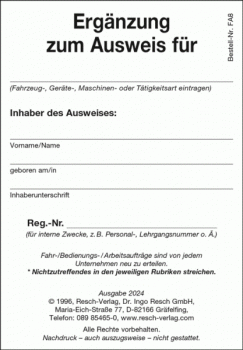 Einlegeblatt / Ergänzungsblatt für Fahrausweise