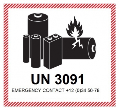 Kennzeichen Lithium-Metall-Batterien in Ausrüstungen UN 3091 - PVC-Aufkleber mit Eindruck Ihrer Telefonnummer