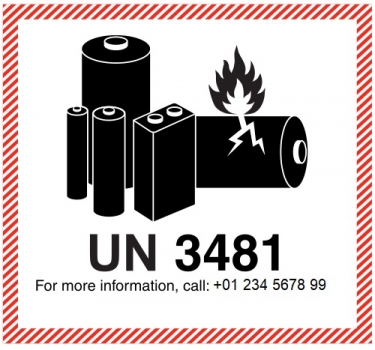 Kennzeichen Lithium-Ionen-Batterien in Ausrüstungen UN 3481 - PVC-Aufkleber mit Eindruck Ihrer Telefonnummer - Kleinformat