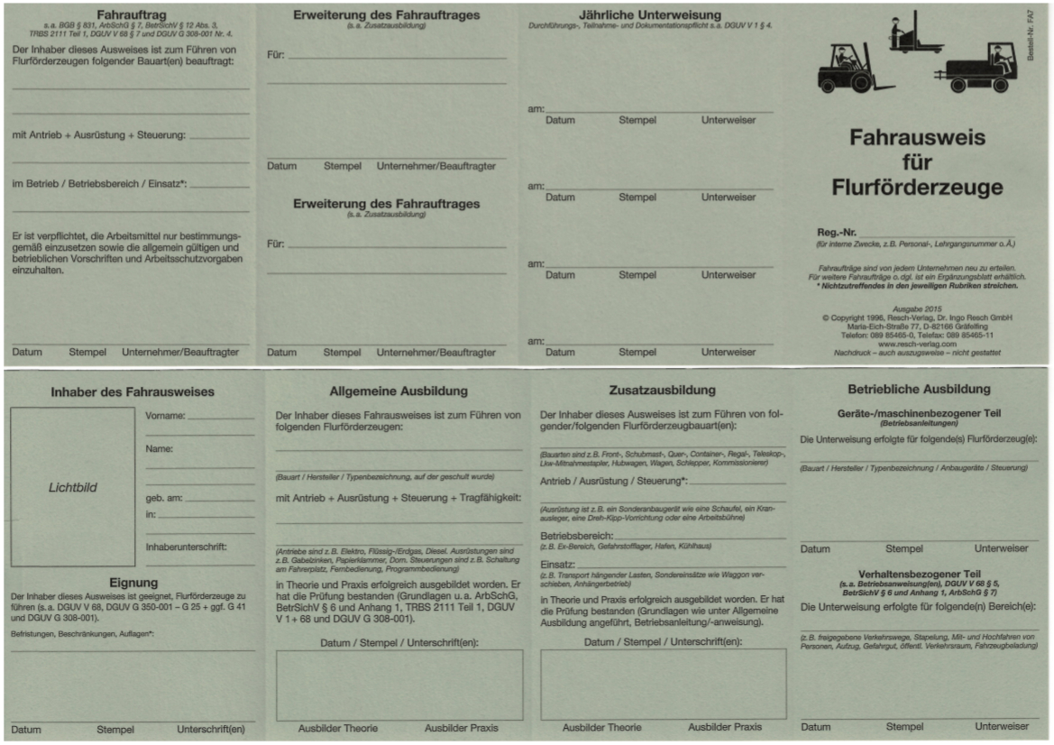 Fahrerausweis Gabelstapler Ausweis für Flurförderzeuge Gabelstaplerschein 