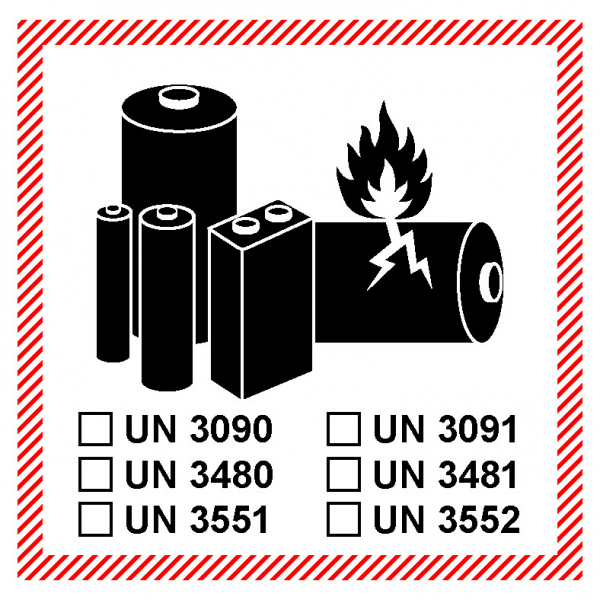 Kennzeichnung Lithium - PVC-Aufkleber - 100x100 mm - mit allen sechs UN-Nummern für Deutschland